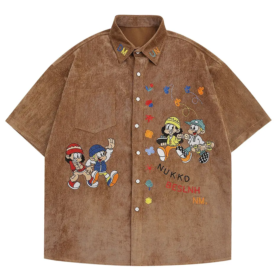 Cartoon Embroidery Shirts Japan Style Vintage Shirts Loose Casual Short Sleeve Button Up Blouse Streetwear Harajuku Y2K Shirts