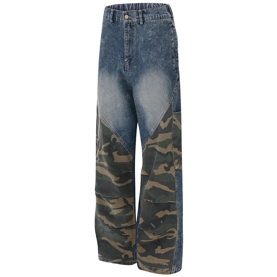 Camouflage Patchwork Baggy Jeans Men Blue Loose Casual Straight Denim Pants Streetwear Harajuku Hip Hop Jeans