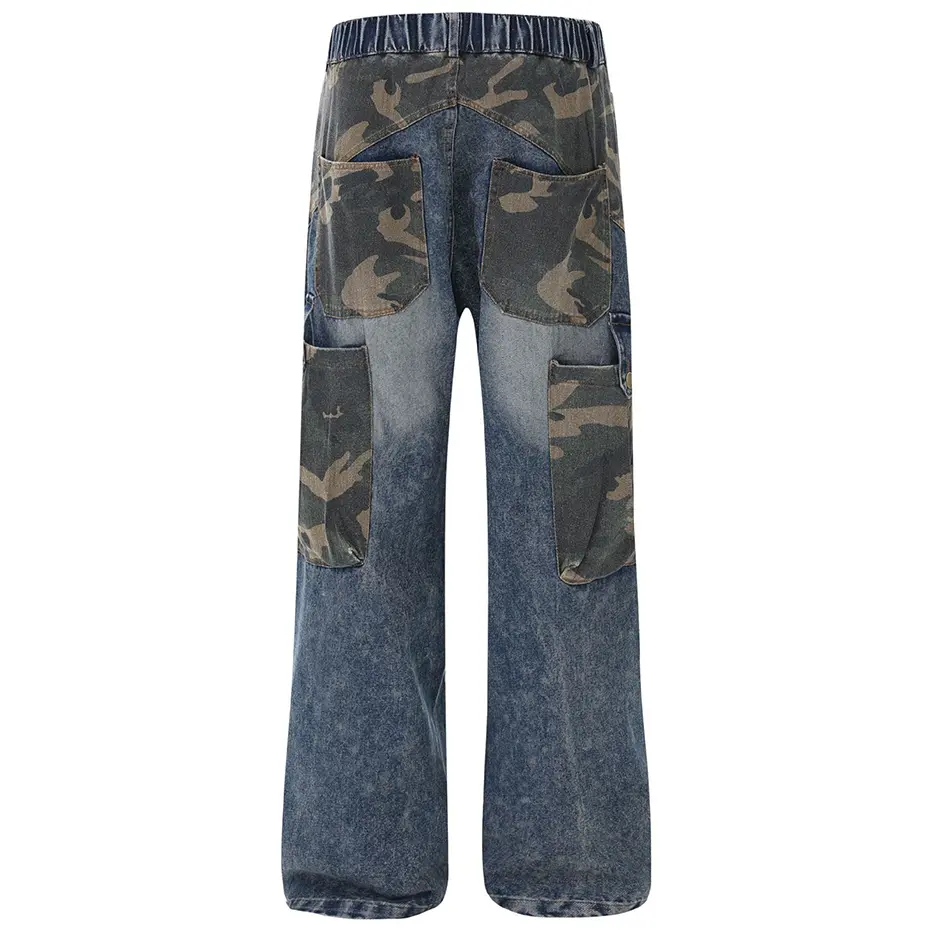 Camouflage Patchwork Baggy Jeans Men Blue Loose Casual Straight Denim Pants Streetwear Harajuku Hip Hop Jeans
