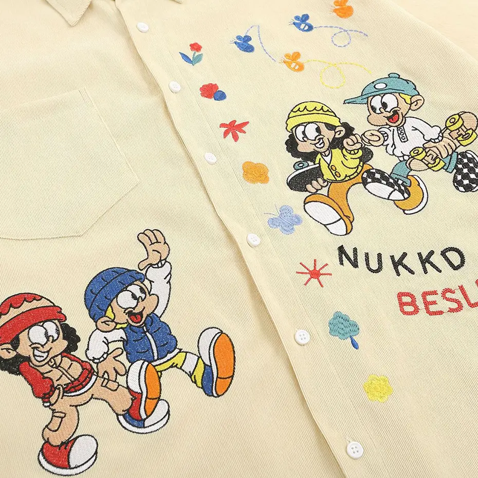 Cartoon Embroidery Shirts Japan Style Vintage Shirts Loose Casual Short Sleeve Button Up Blouse Streetwear Harajuku Y2K Shirts