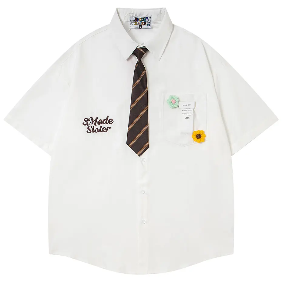 Japanese Harajuku Shirts with Necktie Unisex Varsity Style Shirts Loose Short Sleeve Button Up Blouse Oversized Y2K Shirts