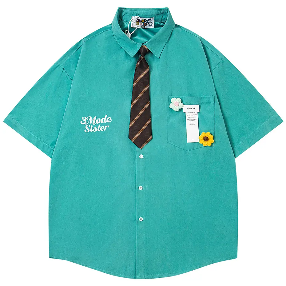 Japanese Harajuku Shirts with Necktie Unisex Varsity Style Shirts Loose Short Sleeve Button Up Blouse Oversized Y2K Shirts