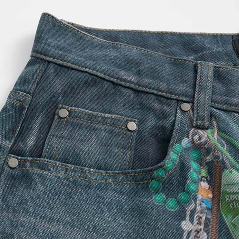 Keychain Graphic Vintage Baggy Jeans Men's Loose Straight Denim Pants Streetwear Harajuku Hip Hop Jeans Trousers