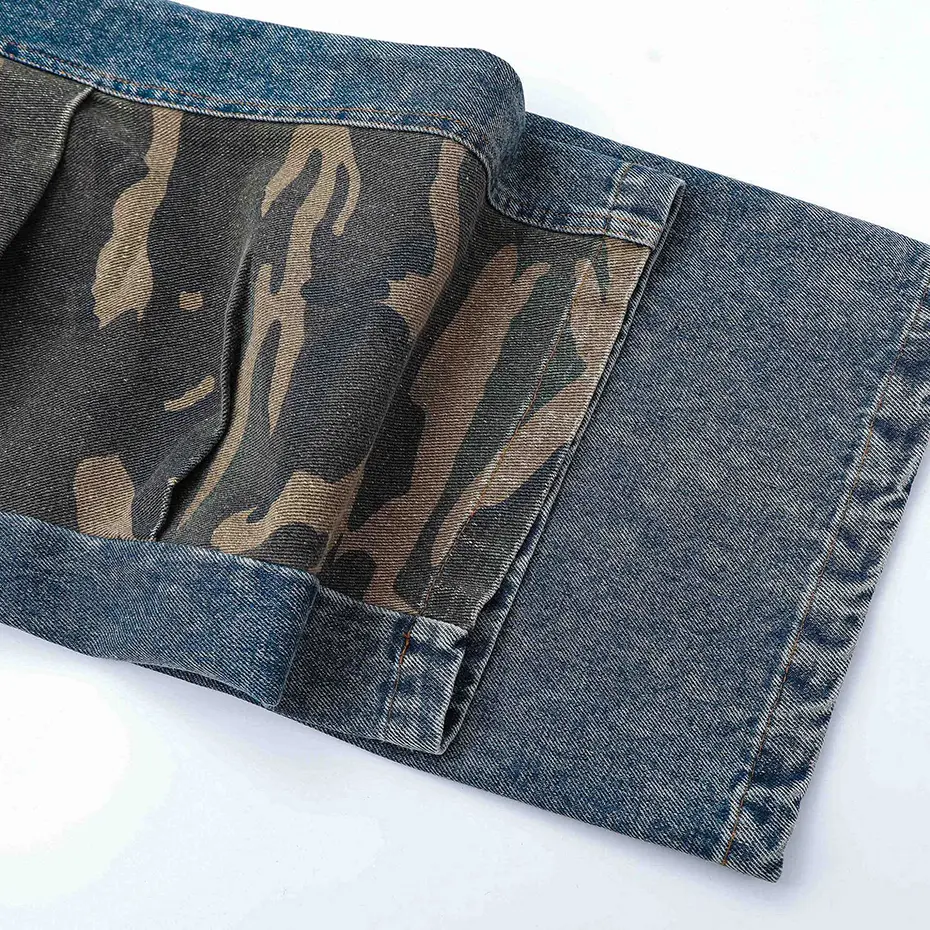 Camouflage Patchwork Baggy Jeans Men Blue Loose Casual Straight Denim Pants Streetwear Harajuku Hip Hop Jeans