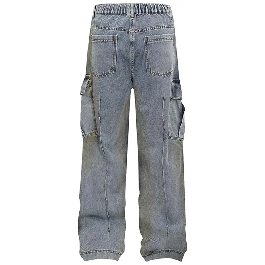Vintage Blue Baggy Jeans Men's Streetwear Harajuku Hip Hop Jeans Side Pocket Pleated Loose Straight Denim Pants