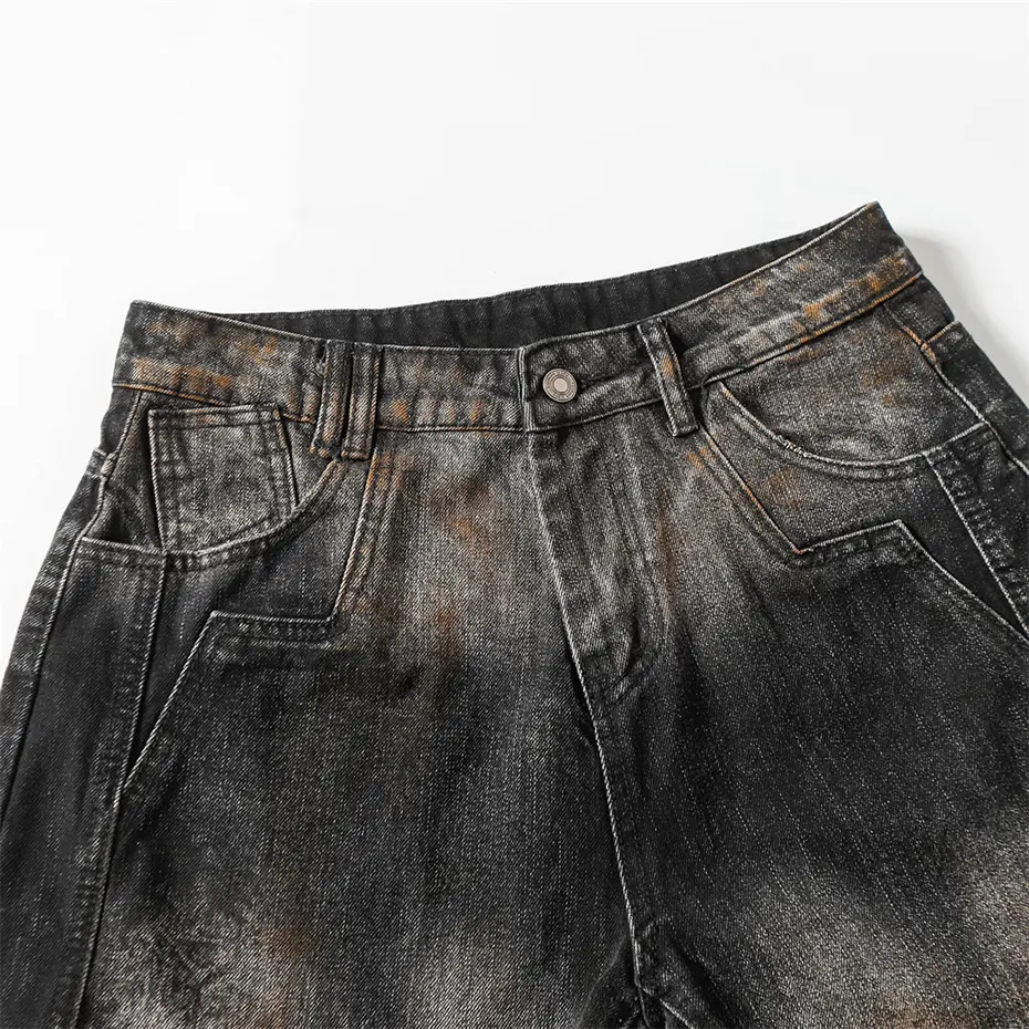 Men's Hi Street Vintage Jeans Pleated Designer Black Loose Straight Denim Pants Streetwear Harajuku Jeans Trousers 4XL