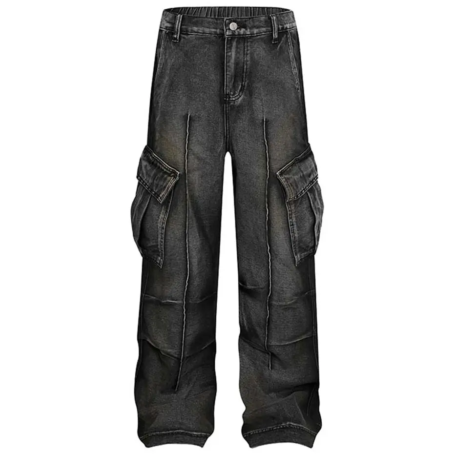 Vintage Blue Baggy Jeans Men's Streetwear Harajuku Hip Hop Jeans Side Pocket Pleated Loose Straight Denim Pants