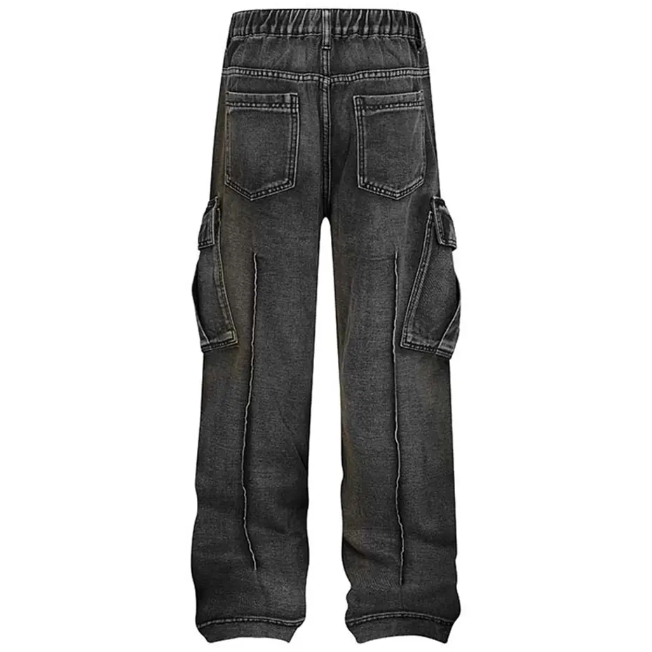 Vintage Blue Baggy Jeans Men's Streetwear Harajuku Hip Hop Jeans Side Pocket Pleated Loose Straight Denim Pants