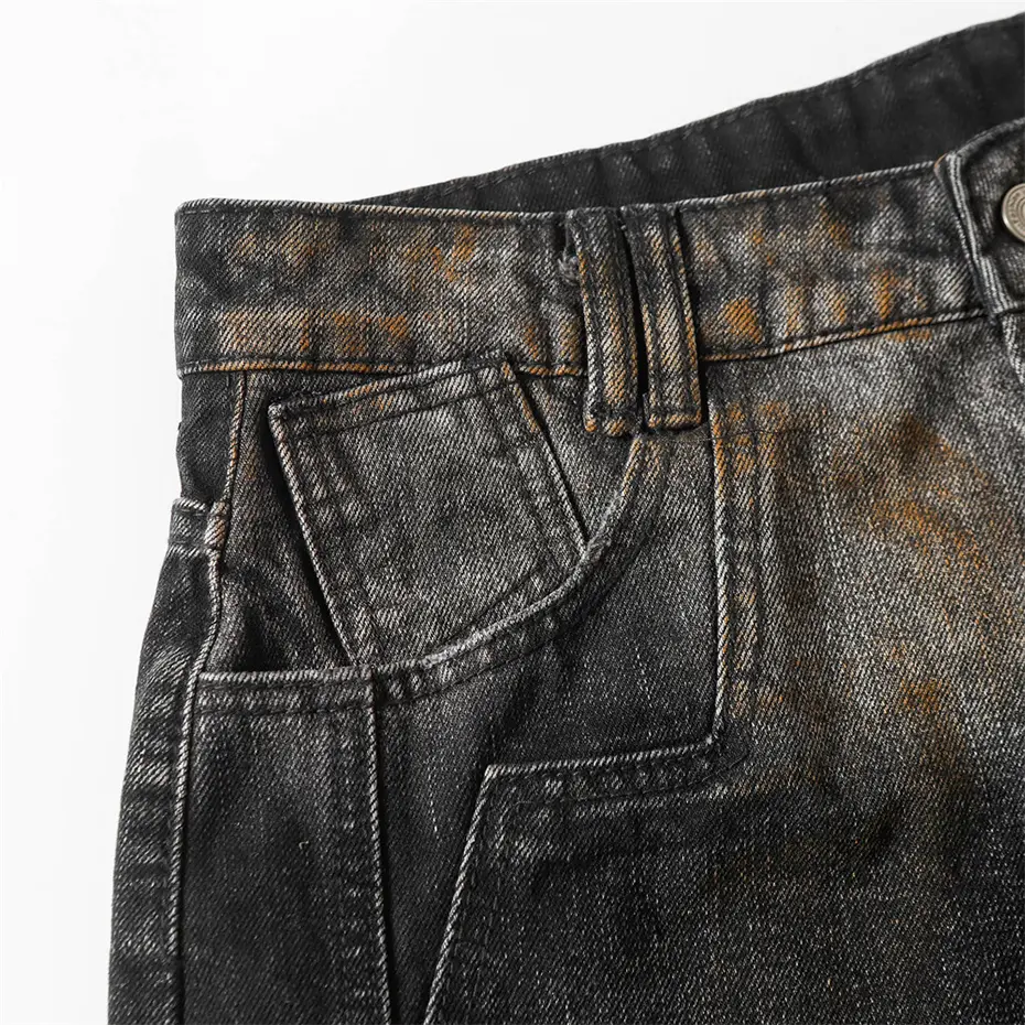 Men's Hi Street Vintage Jeans Pleated Designer Black Loose Straight Denim Pants Streetwear Harajuku Jeans Trousers 4XL