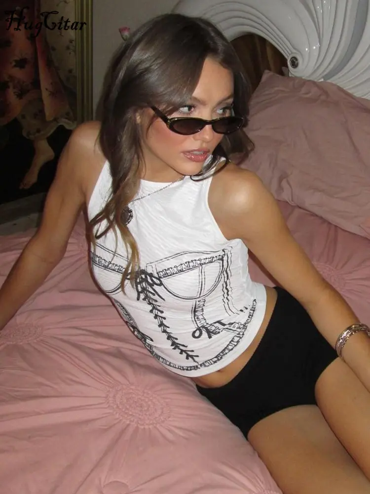 Hugcitar 2024 Summer Fashion Print O Neck Sexy Slim Crop Tank Top Women New Y2K Clothes Streetwear Party Festival