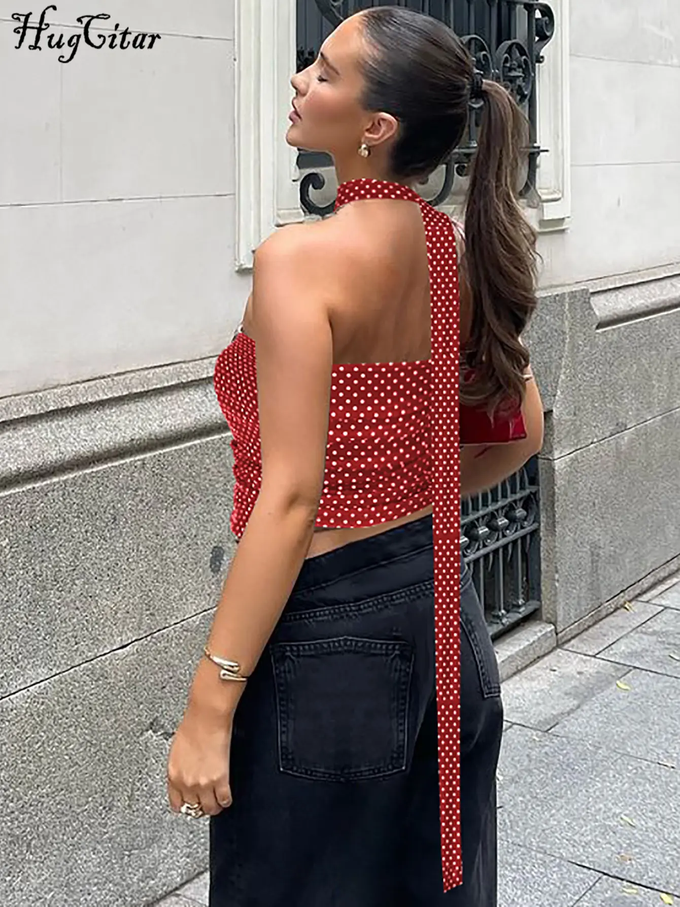 Hugcitar 2025 Spot Print Scarf Strapless Ruched Sexy Slim Crop Tank Top Summer Fashion Women Clothes Streetwear Festival Party