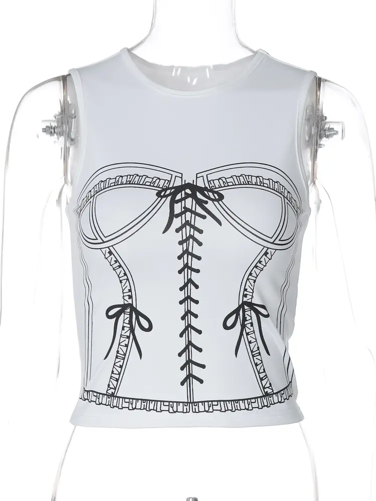 Hugcitar 2024 Summer Fashion Print O Neck Sexy Slim Crop Tank Top Women New Y2K Clothes Streetwear Party Festival