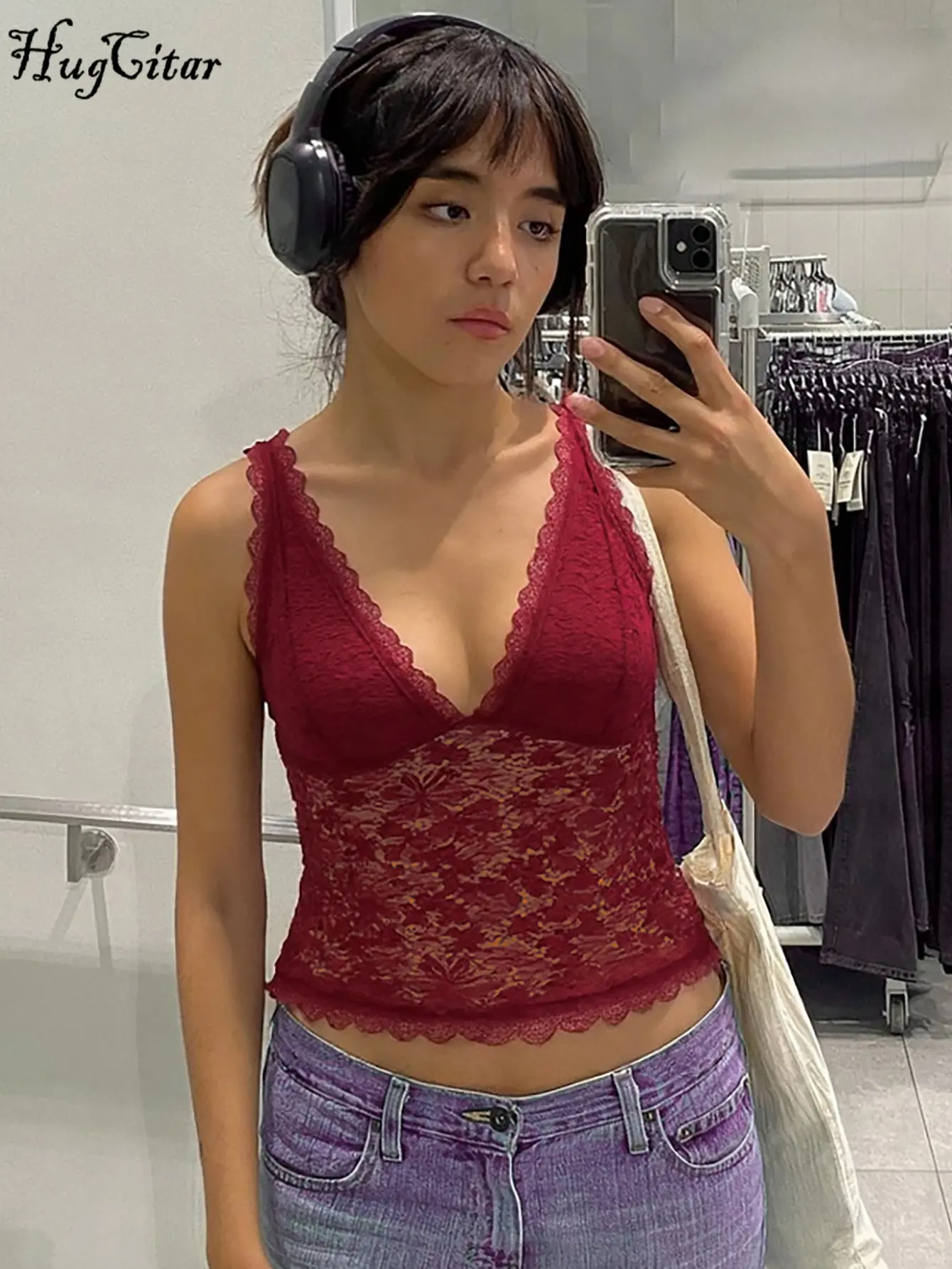 Hugcitar Floral Print Lace V Neck Sexy See Through Crop Camis Top Summer Women Fashion Y2K Outfits Streetwear Vacation Party