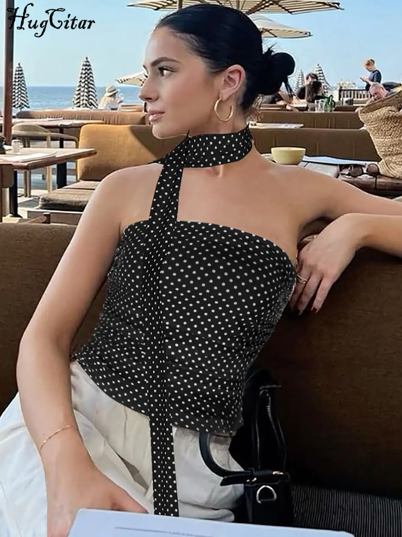 Hugcitar 2025 Spot Print Scarf Strapless Ruched Sexy Slim Crop Tank Top Summer Fashion Women Clothes Streetwear Festival Party