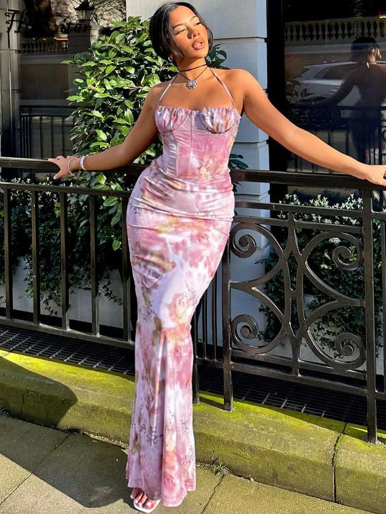Hugcitar Elegant Floral Print Halter Backless Ruched Lace Up Slit Sexy Slim Maxi Dress Summer Women Outfits Birthday Vacation