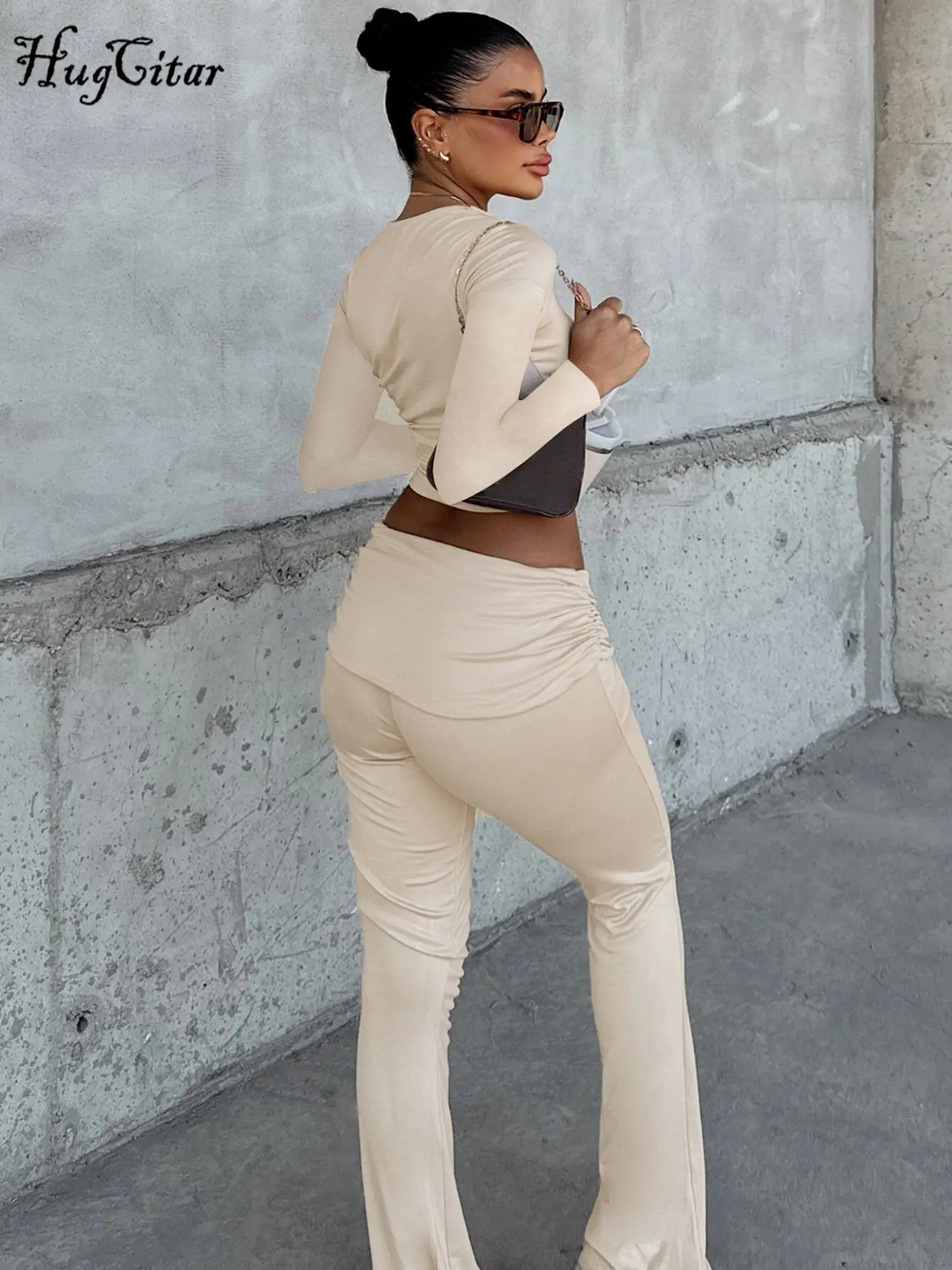 Hugcitar Autumn 2 Pcs Sets Solid Long Sleeve Slim Crop Top Ruched Wide Leg Pants Casual Women Tracksuits Streetwear Work Out