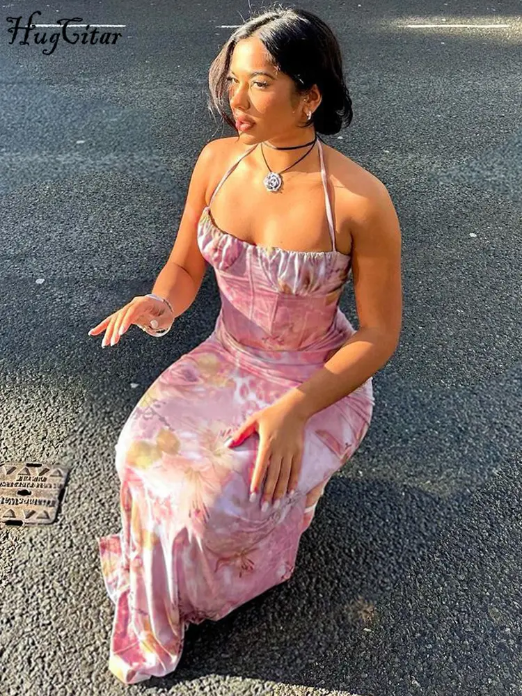 Hugcitar Elegant Floral Print Halter Backless Ruched Lace Up Slit Sexy Slim Maxi Dress Summer Women Outfits Birthday Vacation