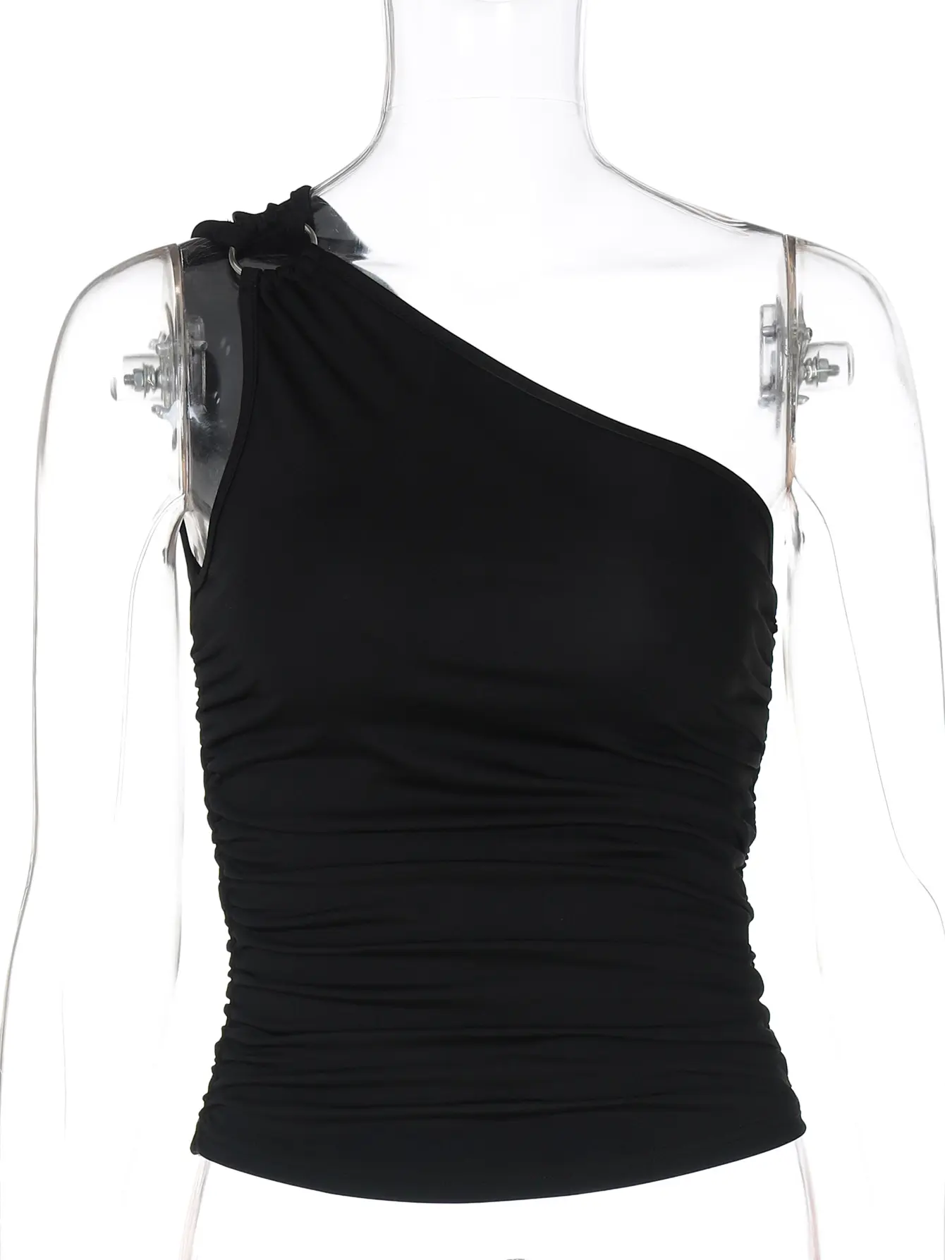 Hugcitar Women'S Fashion One Shoulder Ruched Solid Tie Metal Sexy Slim Tank Top Summer Clothes Streetwear Party Festival