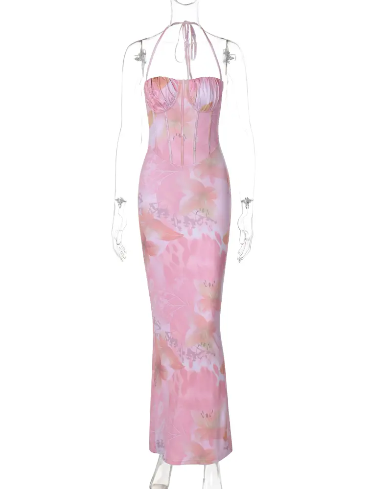 Hugcitar Elegant Floral Print Halter Backless Ruched Lace Up Slit Sexy Slim Maxi Dress Summer Women Outfits Birthday Vacation