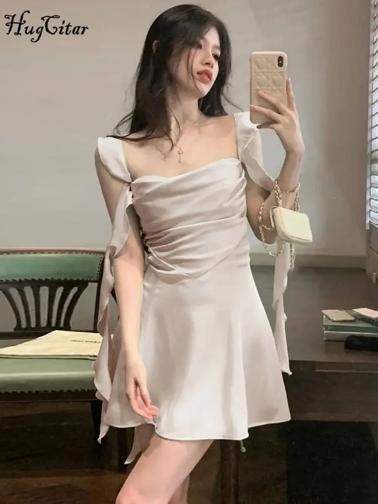 Hugcitar Satin Elegant Solid Straps Sleeveless Backless Button Tassel Sexy Slim Mini Dress Summer Women Clothes Birthday Party