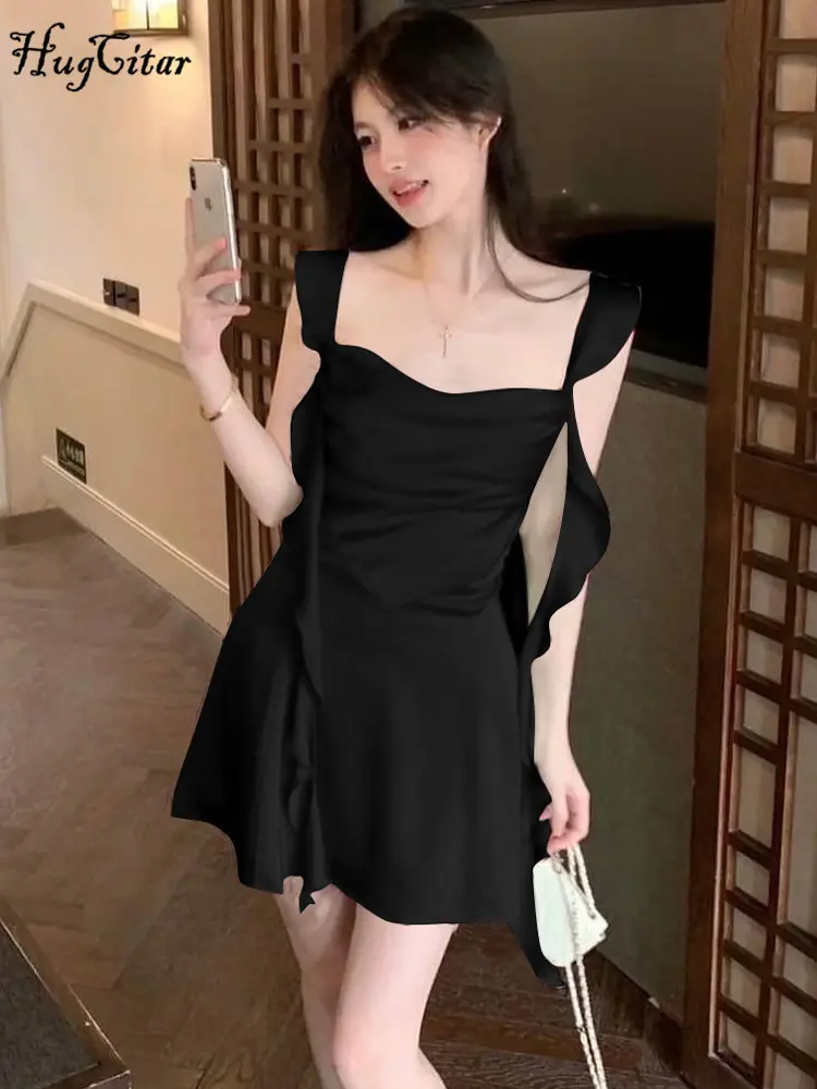 Hugcitar Satin Elegant Solid Straps Sleeveless Backless Button Tassel Sexy Slim Mini Dress Summer Women Clothes Birthday Party