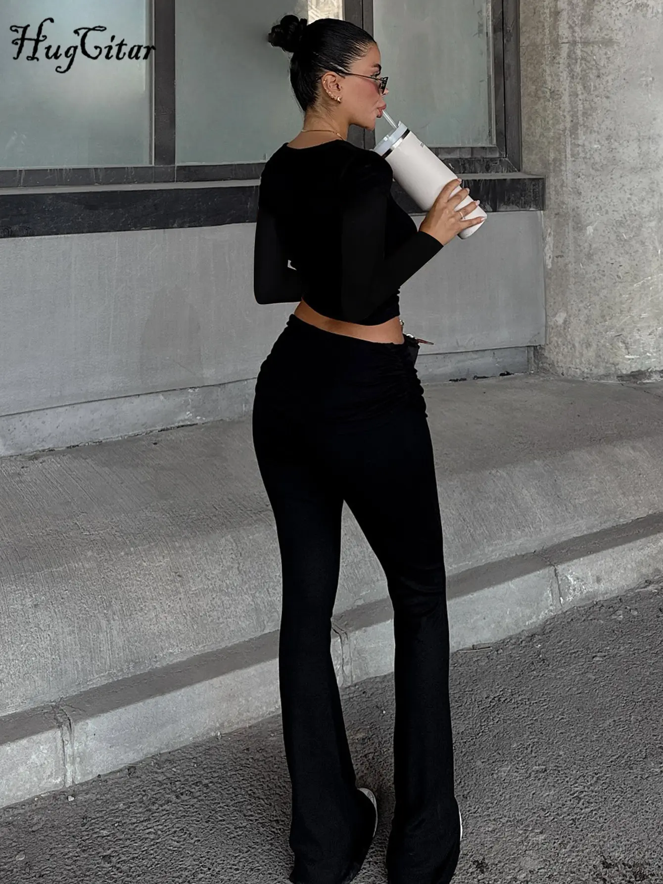 Hugcitar Autumn 2 Pcs Sets Solid Long Sleeve Slim Crop Top Ruched Wide Leg Pants Casual Women Tracksuits Streetwear Work Out