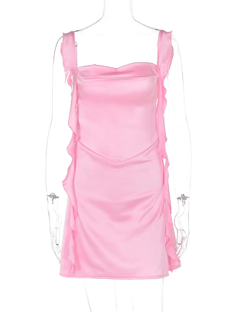 Hugcitar Satin Elegant Solid Straps Sleeveless Backless Button Tassel Sexy Slim Mini Dress Summer Women Clothes Birthday Party