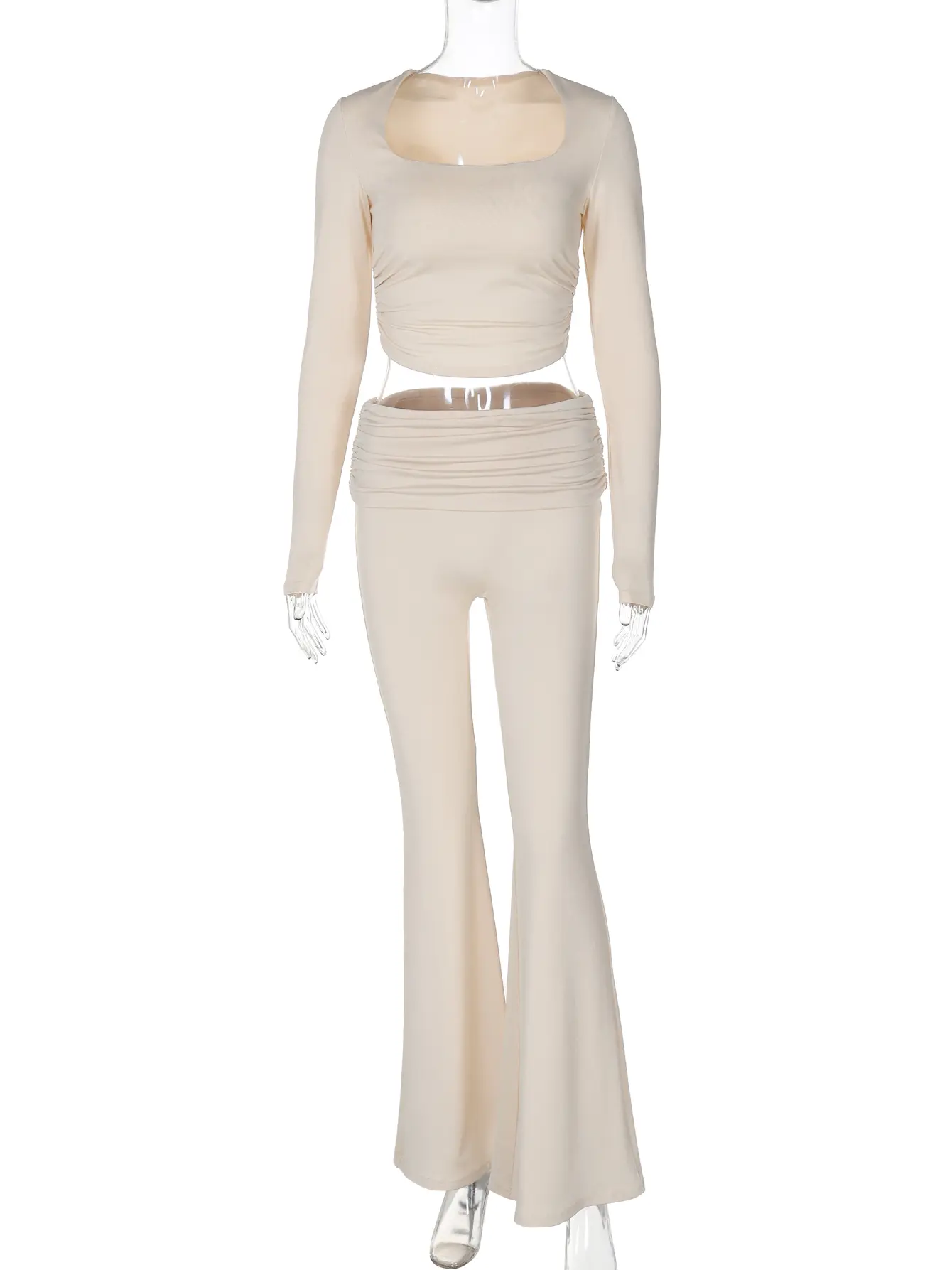Hugcitar Autumn 2 Pcs Sets Solid Long Sleeve Slim Crop Top Ruched Wide Leg Pants Casual Women Tracksuits Streetwear Work Out