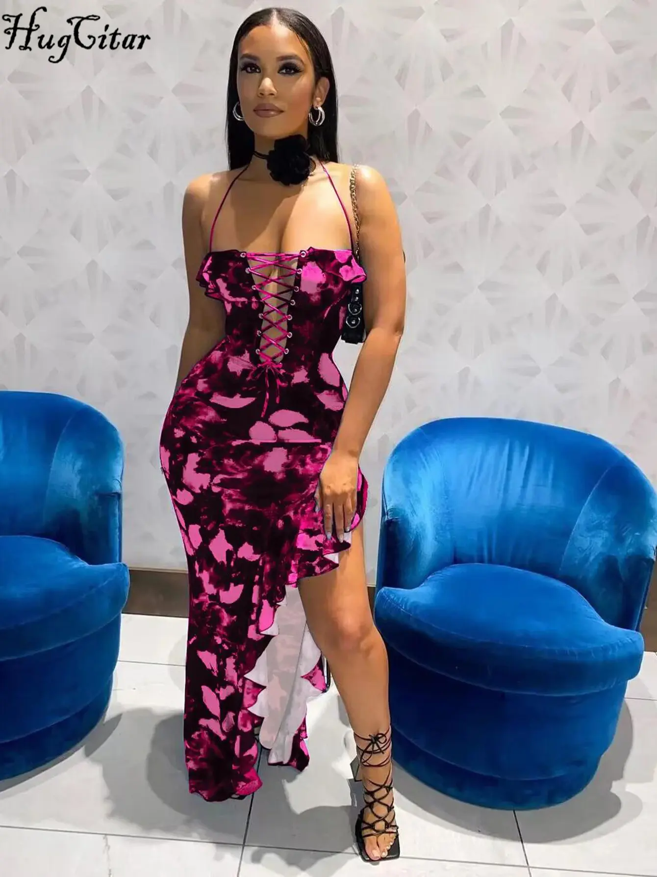 Hugcitar Floral Print Halter Backless Lace Up Ruffles Slit Elegant Sexy Slim Maxi Dress Fall Women Y2K Party Festival Outfit