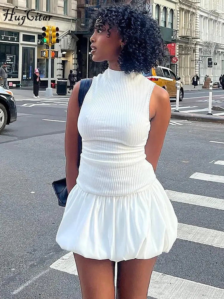 Hugcitar Elegant Ribbed Solid Turtleneck Sleeveless Backless Sexy Pleated Mini Dress Summer Women Outfit Birthday Party Vacation