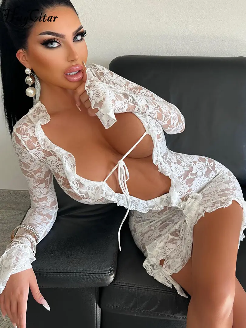 Hugcitar Mesh Floral Print Deep V Neck Long Sleeve Ruffles See Through Lace Up Mini Dress Fall Fashion Outfit Beach Vacation Y2K