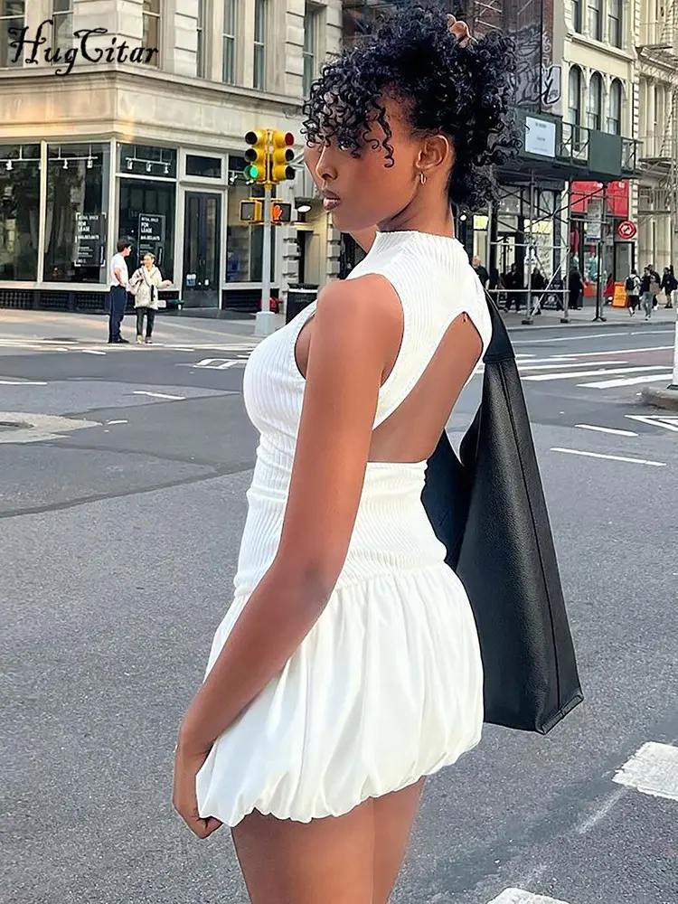 Hugcitar Elegant Ribbed Solid Turtleneck Sleeveless Backless Sexy Pleated Mini Dress Summer Women Outfit Birthday Party Vacation
