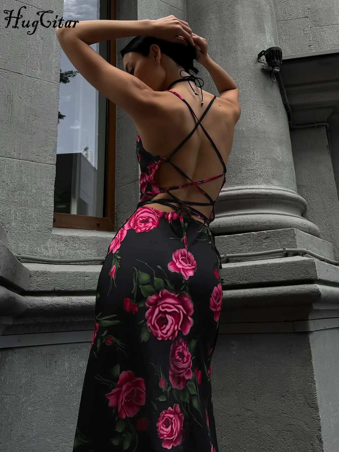 Hugcitar 2025 Floral Print Slips Backless Lace Up Sexy Elegant Maxi Dress Summer Fashion Y2K Women Outfit Evening Party Vacation