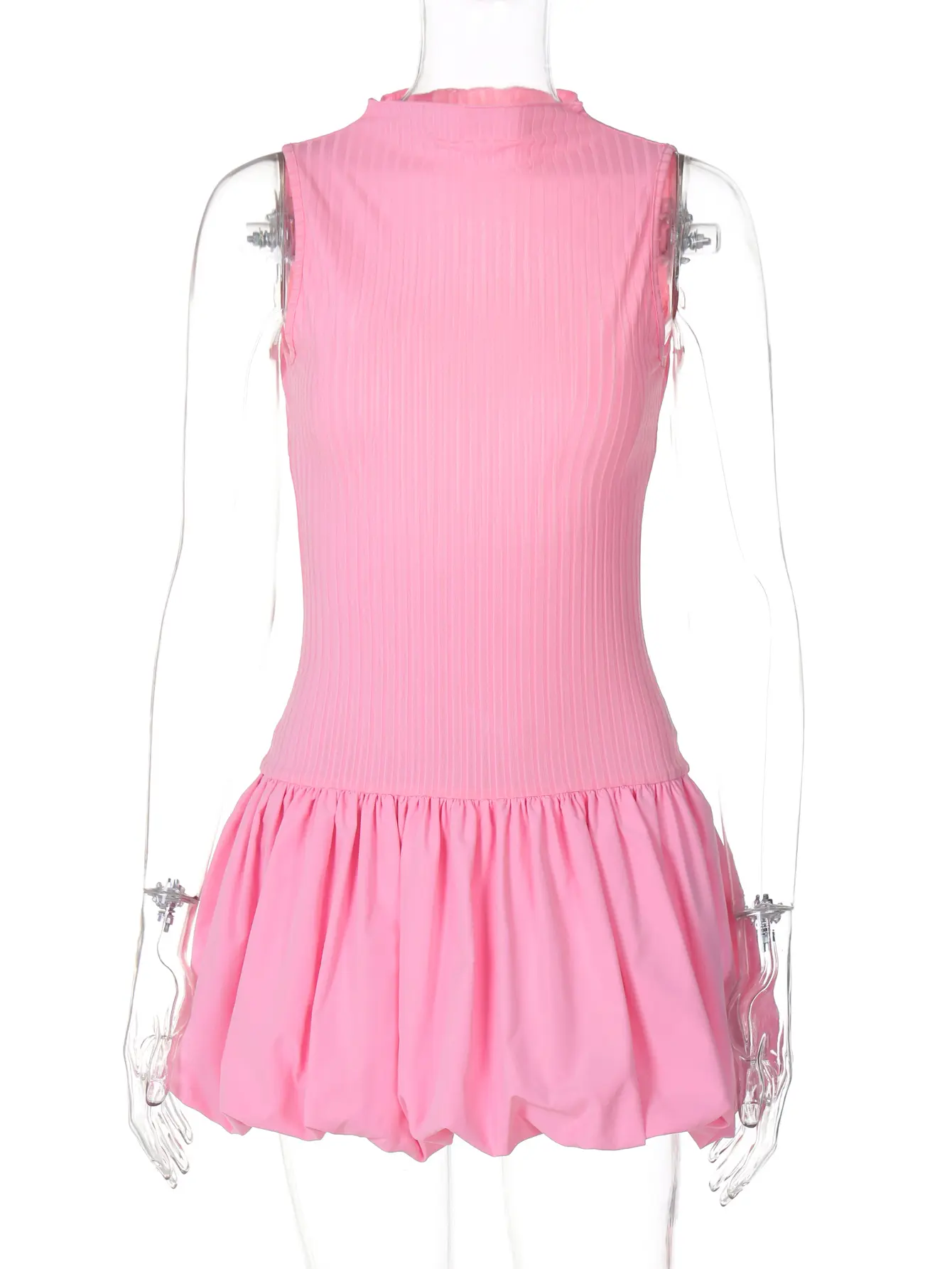 Hugcitar Elegant Ribbed Solid Turtleneck Sleeveless Backless Sexy Pleated Mini Dress Summer Women Outfit Birthday Party Vacation