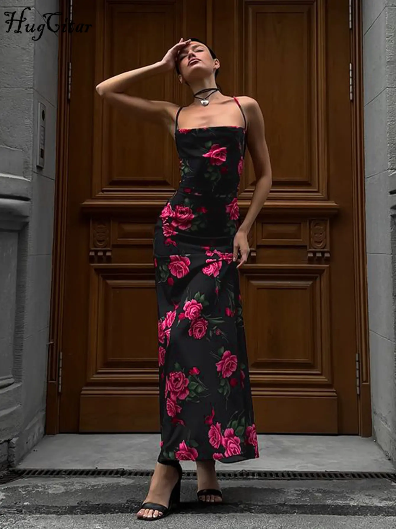 Hugcitar 2025 Floral Print Slips Backless Lace Up Sexy Elegant Maxi Dress Summer Fashion Y2K Women Outfit Evening Party Vacation