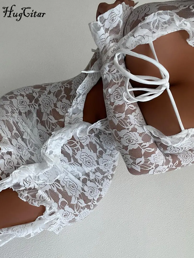 Hugcitar Mesh Floral Print Deep V Neck Long Sleeve Ruffles See Through Lace Up Mini Dress Fall Fashion Outfit Beach Vacation Y2K