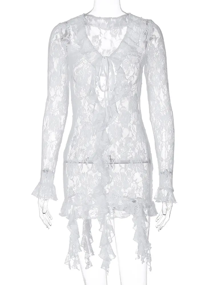 Hugcitar Mesh Floral Print Deep V Neck Long Sleeve Ruffles See Through Lace Up Mini Dress Fall Fashion Outfit Beach Vacation Y2K