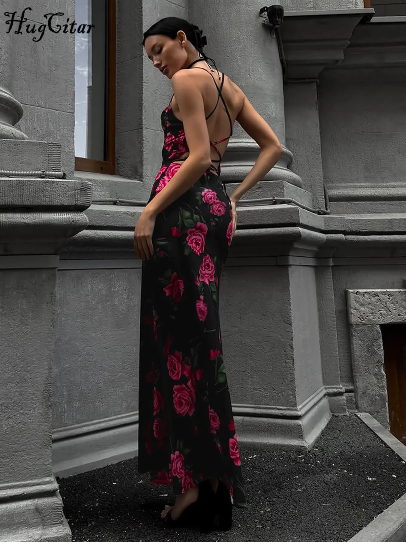 Hugcitar 2025 Floral Print Slips Backless Lace Up Sexy Elegant Maxi Dress Summer Fashion Y2K Women Outfit Evening Party Vacation