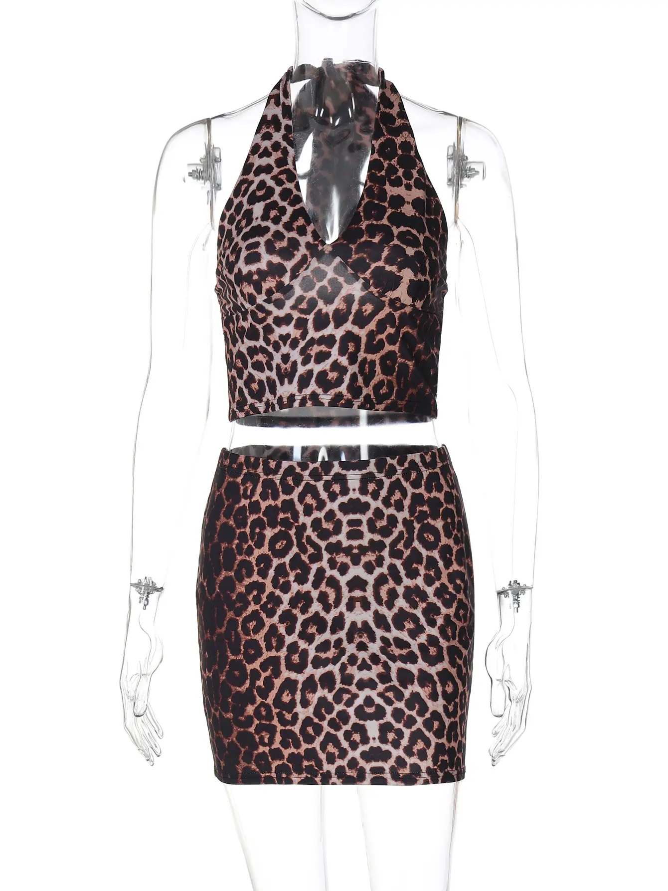 Hugcitar Leopard Print 2 Pcs Short Sets Halter Backless Bandage Sexy Crop Tank Top Skirt Fashion Festival Streetwear Outfits