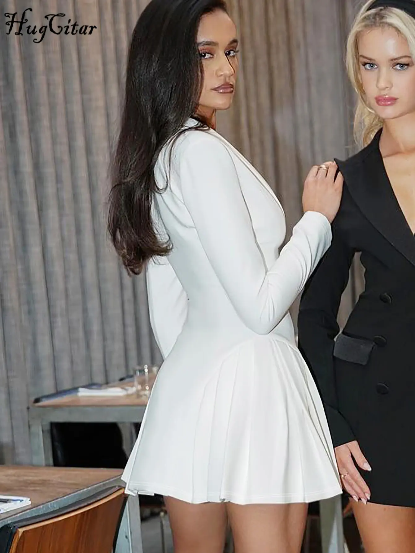 Hugcitar Elegant Solid Long Sleeve Shoulder Pads Buttons Sexy Pleated Mini Blazer Dress Winter Women Y2K Outfit Party Christmas