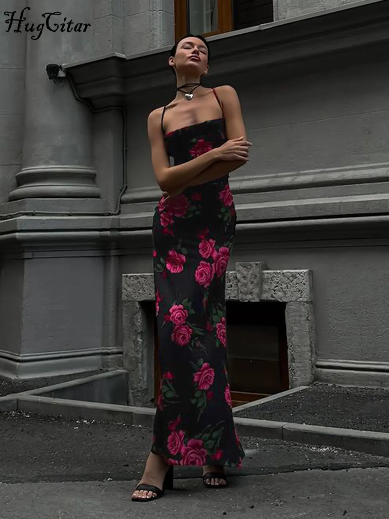 Hugcitar 2025 Floral Print Slips Backless Lace Up Sexy Elegant Maxi Dress Summer Fashion Y2K Women Outfit Evening Party Vacation