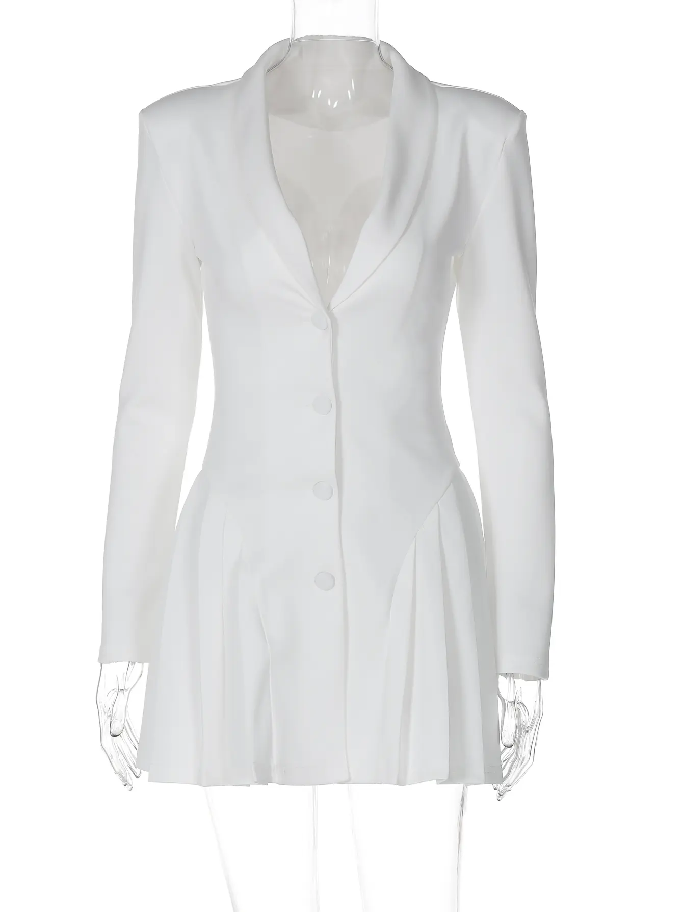 Hugcitar Elegant Solid Long Sleeve Shoulder Pads Buttons Sexy Pleated Mini Blazer Dress Winter Women Y2K Outfit Party Christmas