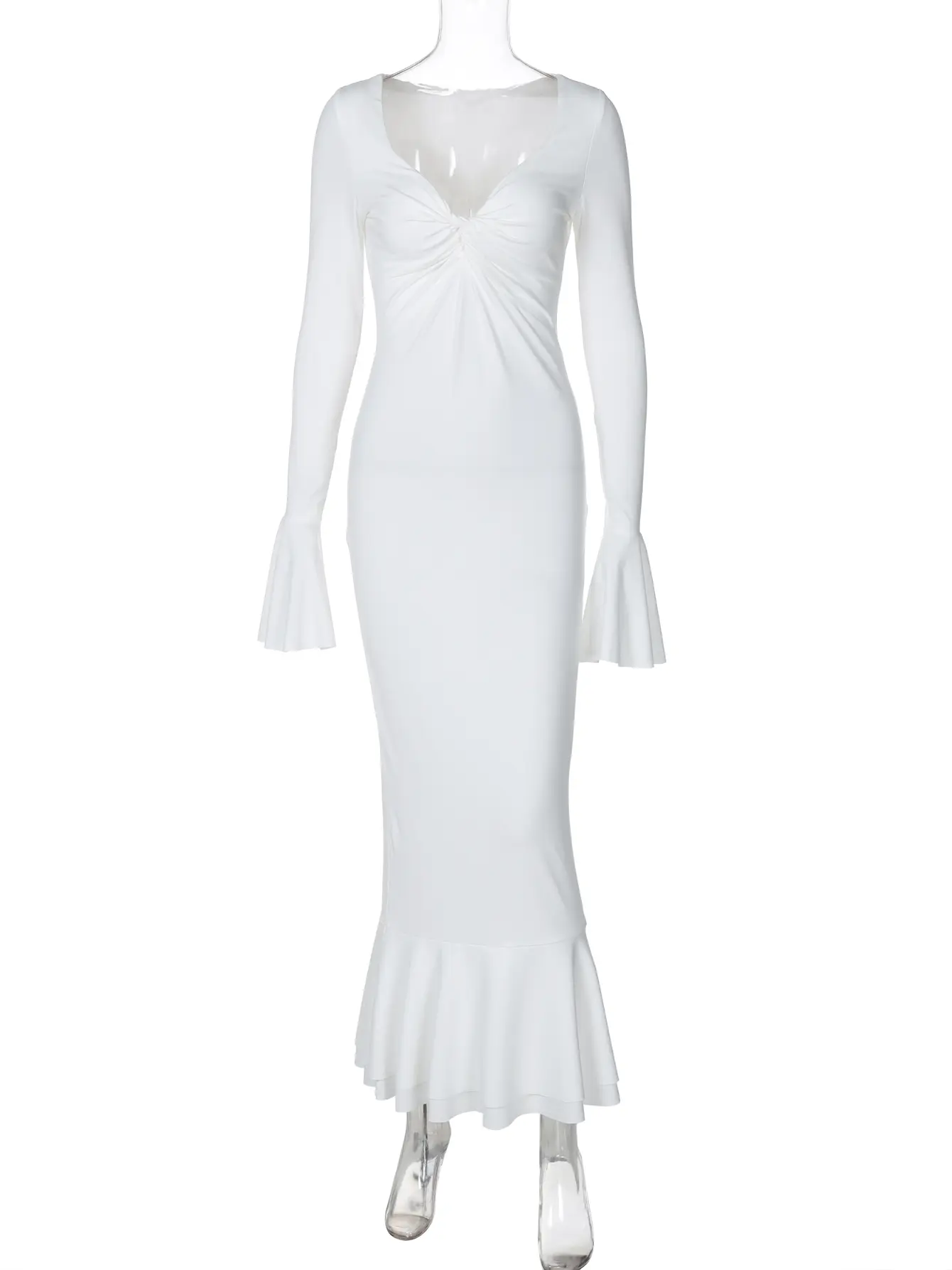 Hugcitar V Neck Solid Long Flare Sleeves Ruched Ruffles Sexy Slim Maxi Prom Dress Spring Women Elegant Clothes Evening Party Fes