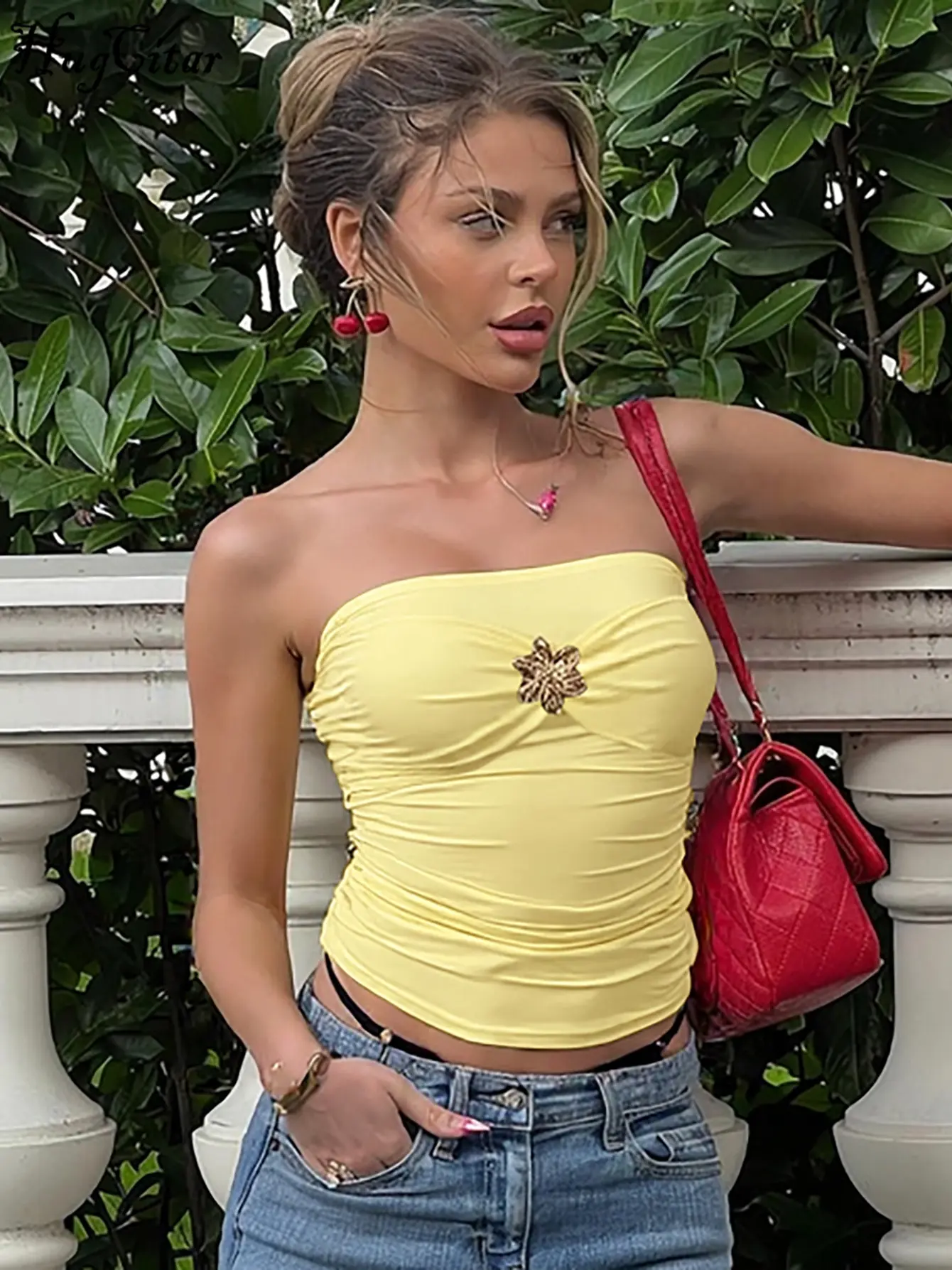 Hugcitar 2025 Fashion Sexy Strapless Flower Metal Ruched Solid Slim Crop Tank Top Summer Women Clothes Birthday Party Vacation