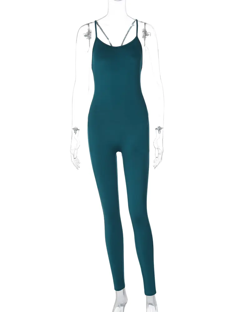 Hugcitar Solid Slips Backless Sexy Bodycon Skinny Jumpsuit 2024 Spring Summer Women Romper Streetwear Workout Vacation Overalls