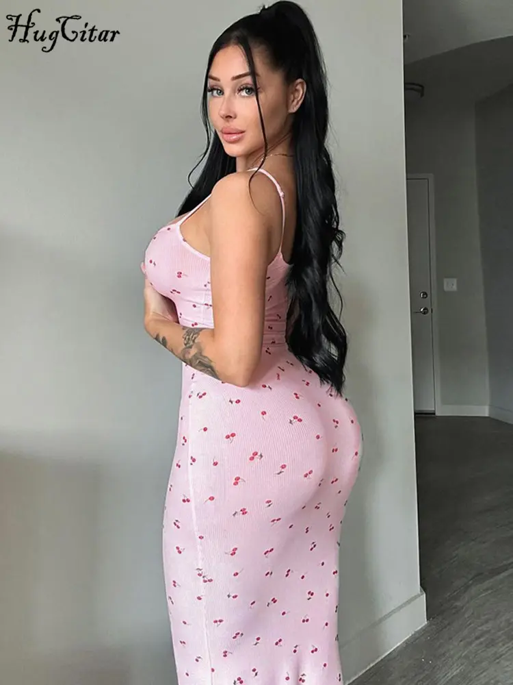 Hugcitar 2024 Elegant Cherry Print Ribbed Slips Sexy Bodycon Maxi Prom Dress Spring Summer Women Outfits Birthday Beach Festival