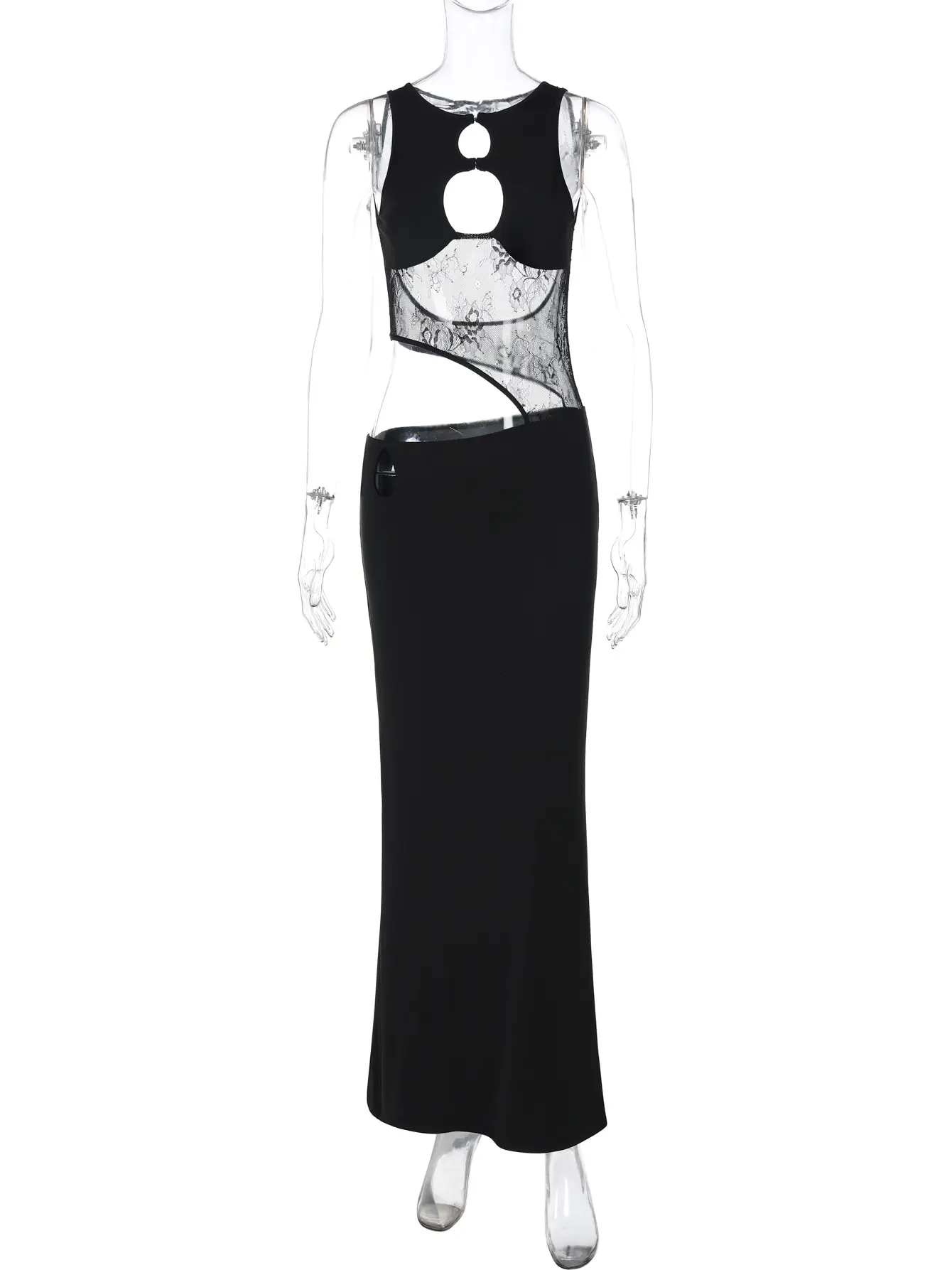 Hugcitar Black Sleeveless Backless Hollow Out Patchwork Mesh Sexy Y2K Maxi Dress Fashion Women Clothes Party Nightclub Vacation