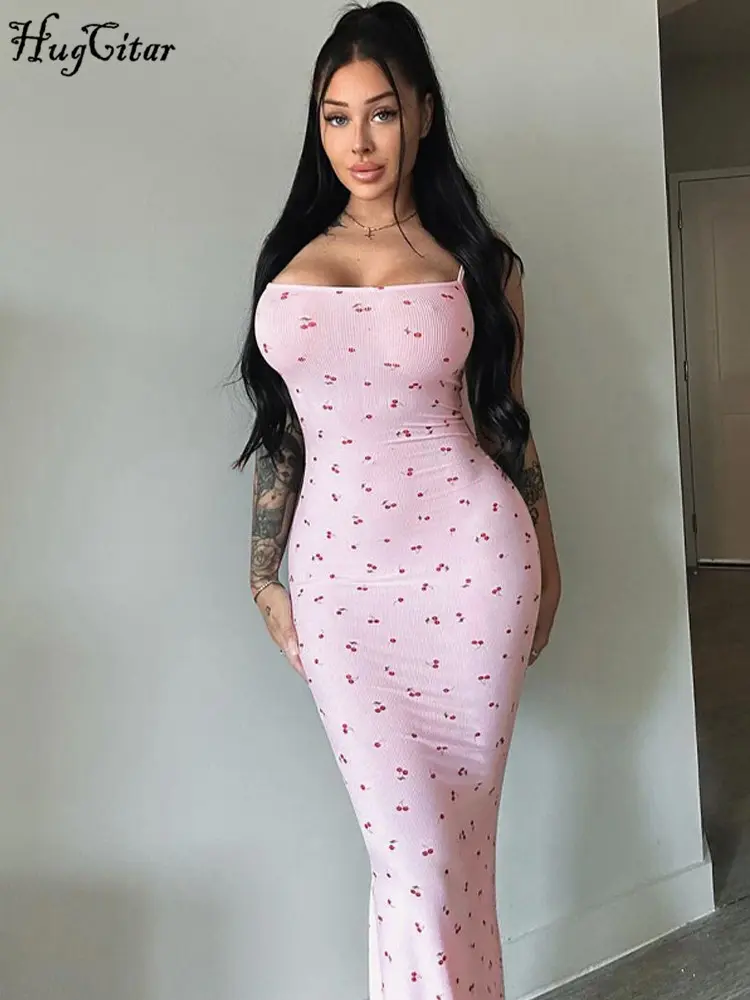 Hugcitar 2024 Elegant Cherry Print Ribbed Slips Sexy Bodycon Maxi Prom Dress Spring Summer Women Outfits Birthday Beach Festival