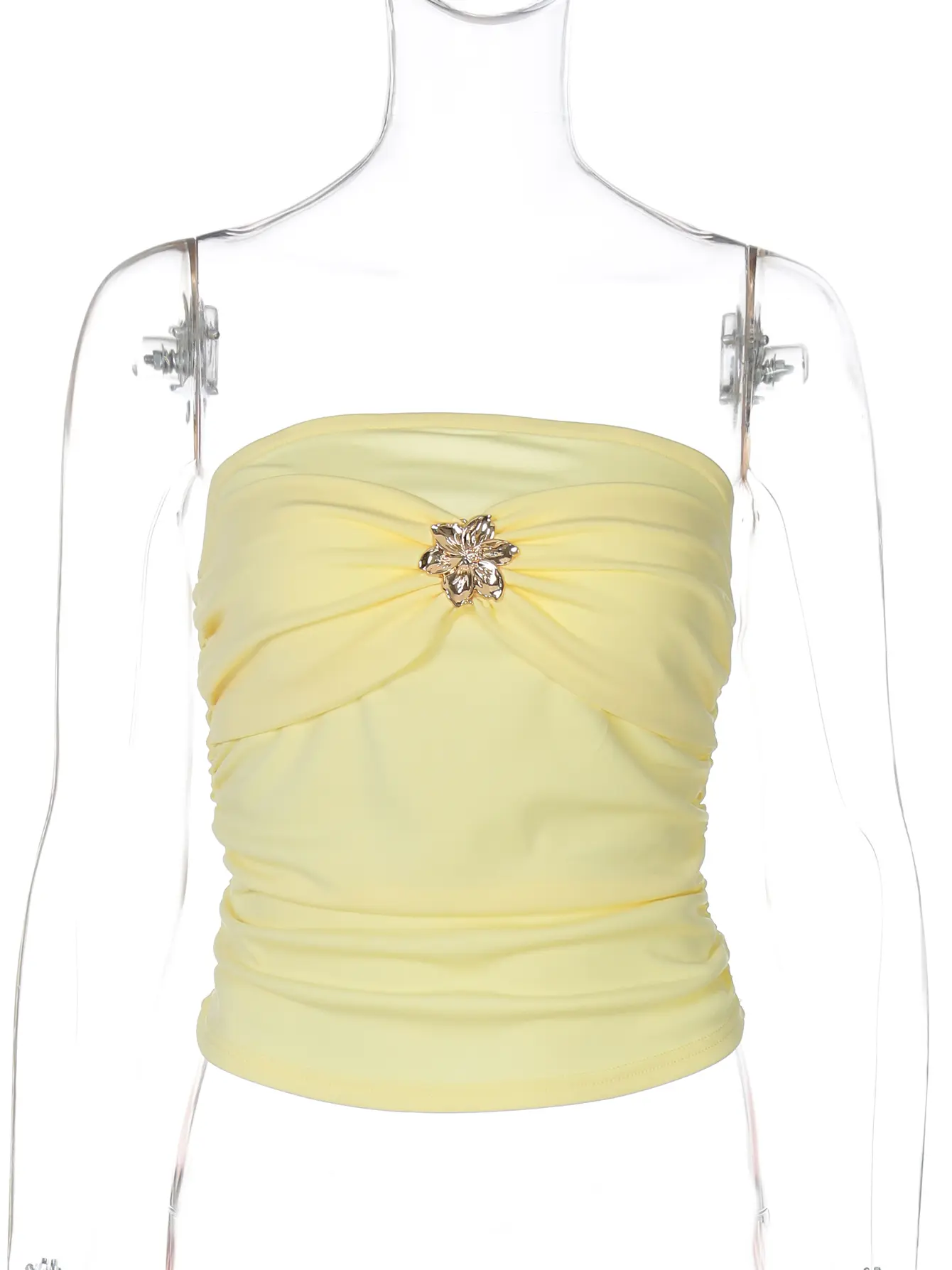 Hugcitar 2025 Fashion Sexy Strapless Flower Metal Ruched Solid Slim Crop Tank Top Summer Women Clothes Birthday Party Vacation
