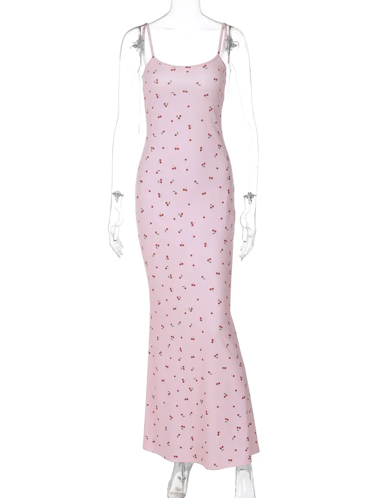 Hugcitar 2024 Elegant Cherry Print Ribbed Slips Sexy Bodycon Maxi Prom Dress Spring Summer Women Outfits Birthday Beach Festival